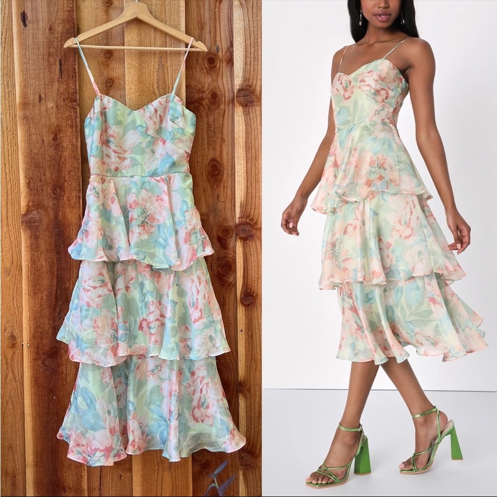 Lulu's Floral Tiered Midi Dress - Pastel Blue and Pink